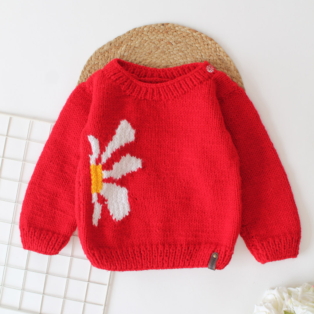 Vibrant Red Colored Kintted White Floral Emboidery Sweater